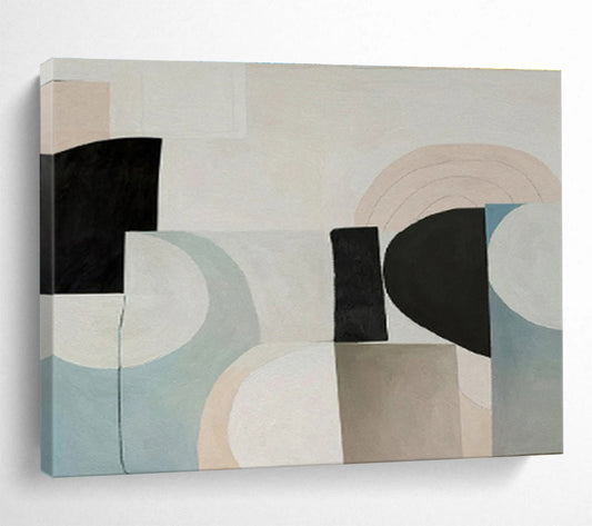 Pastel Geometric Harmony with Beige, Blue, and Black, Abstract Mid - Century - Style Painting On Canvas DKH583