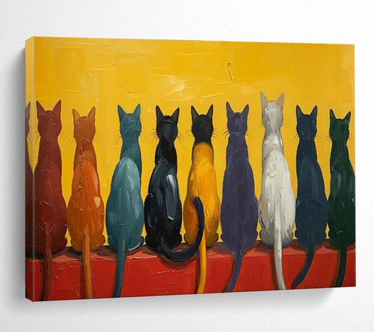 “Colorful Cat Lineup” - Whimsical Animal Painting On Canvas DKH838