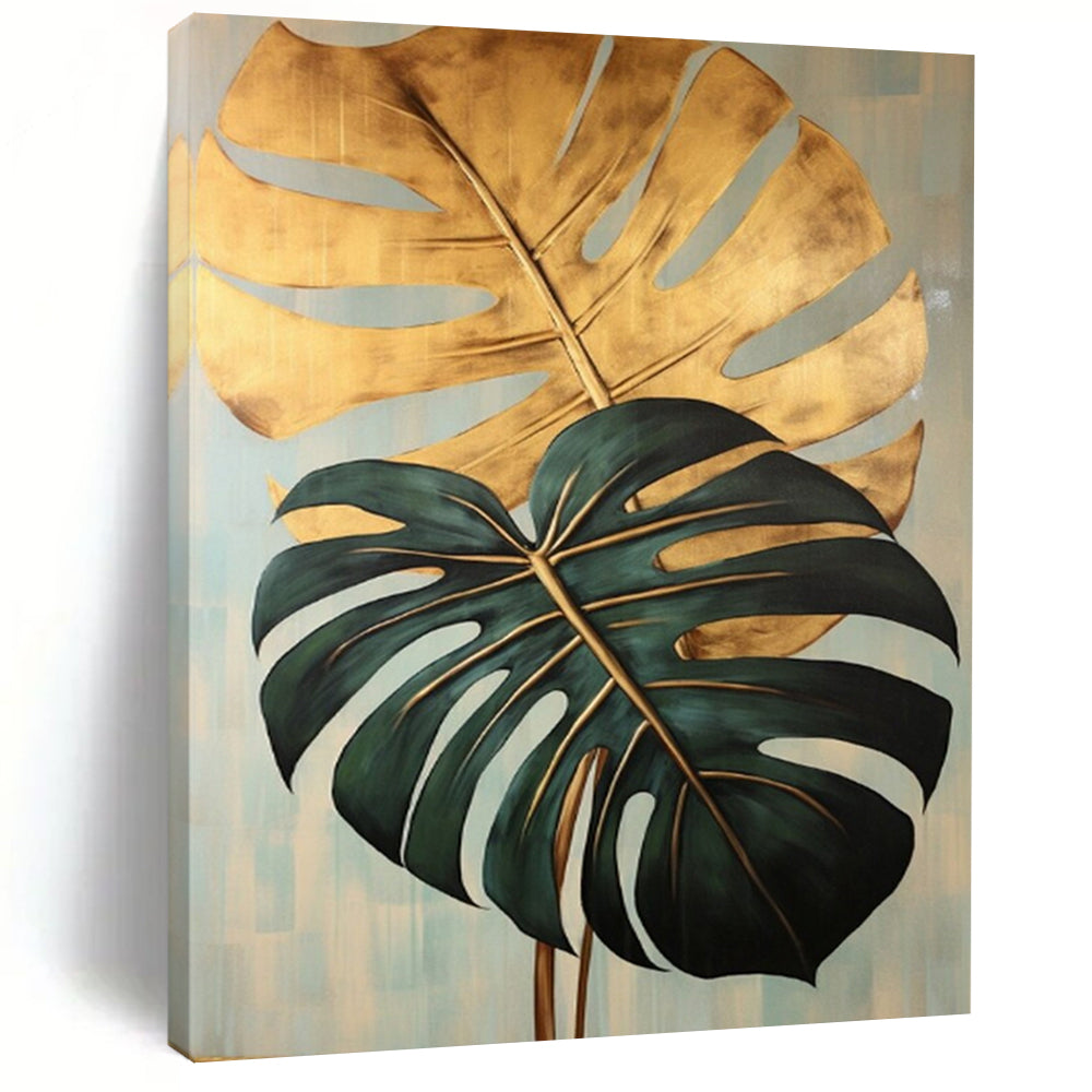 “Gilded Monstera Leaves” - Gold & Green Monstera Leaves Painting On Canvas CT2195