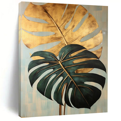 “Gilded Monstera Leaves” - Gold & Green Monstera Leaves Painting On Canvas CT2195