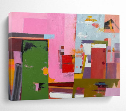 “Pink, Green, Color - Blocked ‘Vibrant Architecture’” - Abstract Cityscape Painting On Canvas DLZ013