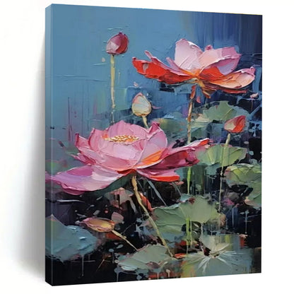 Pink & Red Lotuses, Textured Petals - "Lotus Rhapsody" - Impasto Oil Painting CT1436