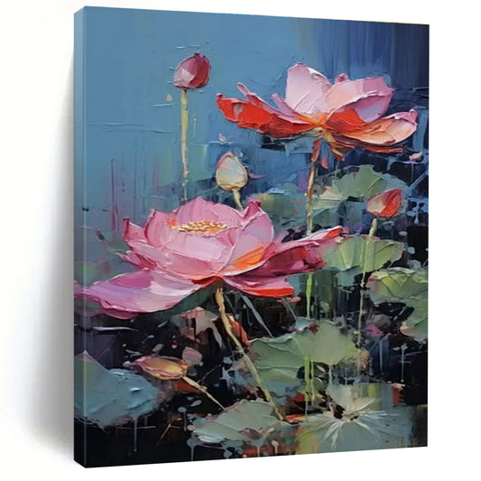 Pink & Red Lotuses, Textured Petals - "Lotus Rhapsody" - Impasto Oil Painting CT1436