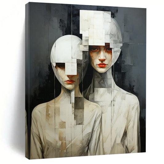 “Cubist Human Figures” - Gray & White Abstract Portrait Painting On Canvas CT2203