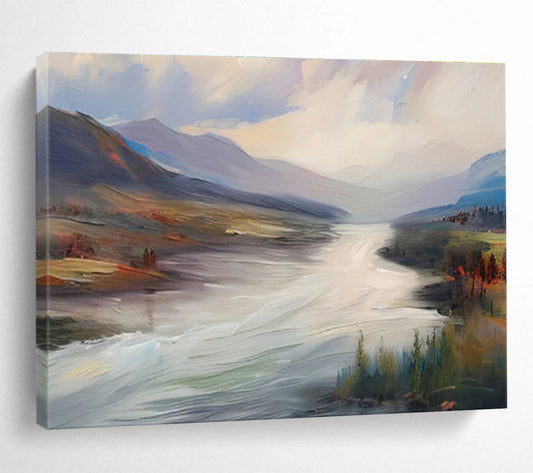 “Flowing River Landscape” - Blue, Gray, Brown Landscape Oil Painting On Canvas DKH726