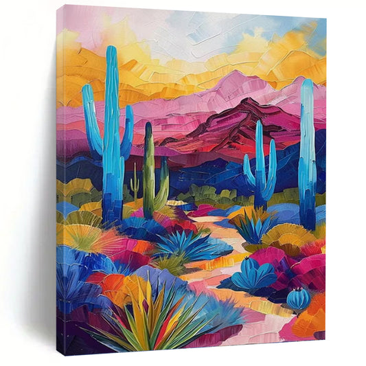 “Desert Vividness” - Colorful Desert Landscape with Cacti Painting On Canvas DKH1556
