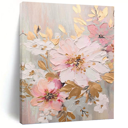 Pink, Gold and White Floral Elegance - Impasto Flower Painting On Canvas DKH1390