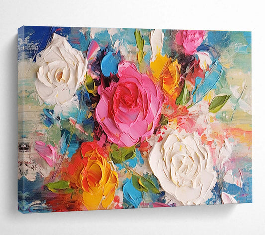 Textured Flower Bouquet - Pink, White, Yellow & Blue Floral Painting On Canvas DKH884