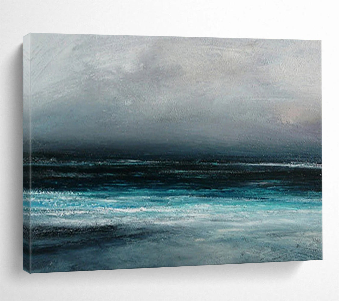 “Gray, Blue, Stormy Ocean ‘Dark Maritime Mood’” - Impressionist Seascape Painting On Canvas DLZ035