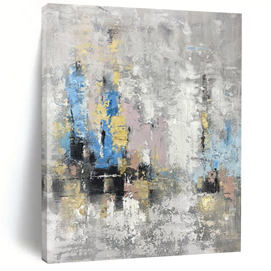 “Gray and Colorful Abstract City” - Gray, Blue, Yellow, Pink Abstract Painting On Canvas DTP248