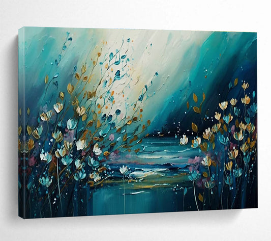 Riverbank Blooms - Teal & Gold Floral Landscape Painting On Canvas DKH879