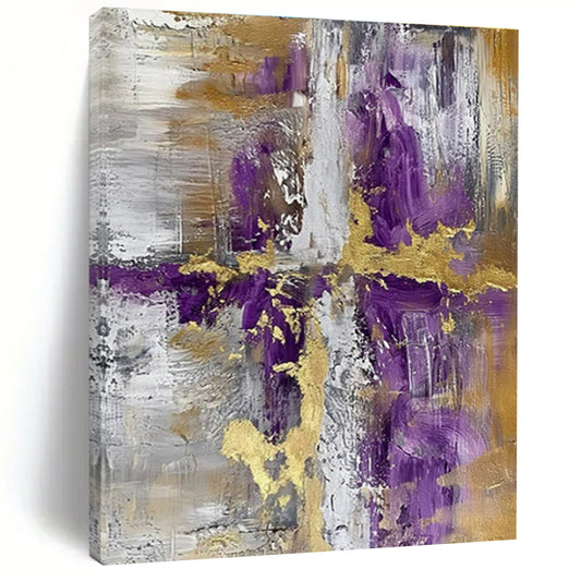 “Purple - Gold - Gray Abstract Cross” ，Abstract Acrylic Painting CT0844