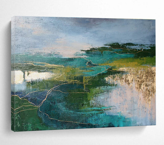 Green and Blue Abstract Landscape with Gold “Mystic Nature’s Pathways” Painting On Canvas DKH129