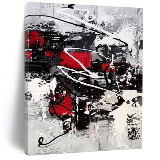 “Black, White, Red Dynamic Splashes ‘Vibrant Chaos’” - Impasto Abstract Painting On Canvas DTP383