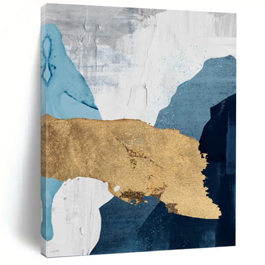 “Elegant Layers” - Blue, White, Gray & Gold Abstract Shapes Painting On Canvas DKH1527