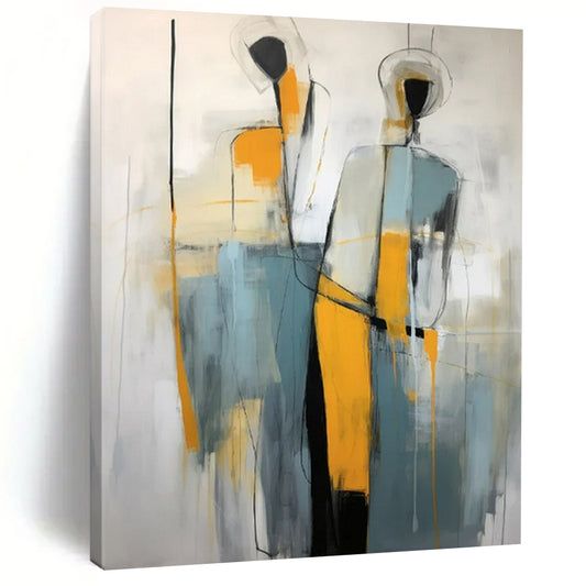 “Abstract Figures” - Gray, Orange & Blue Abstract Painting On Canvas CT2232