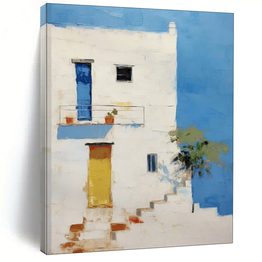 White Building, Blue Sky, Colorful Doors - "Mediterranean Charm" - Impressionistic Architectural Painting CT1837