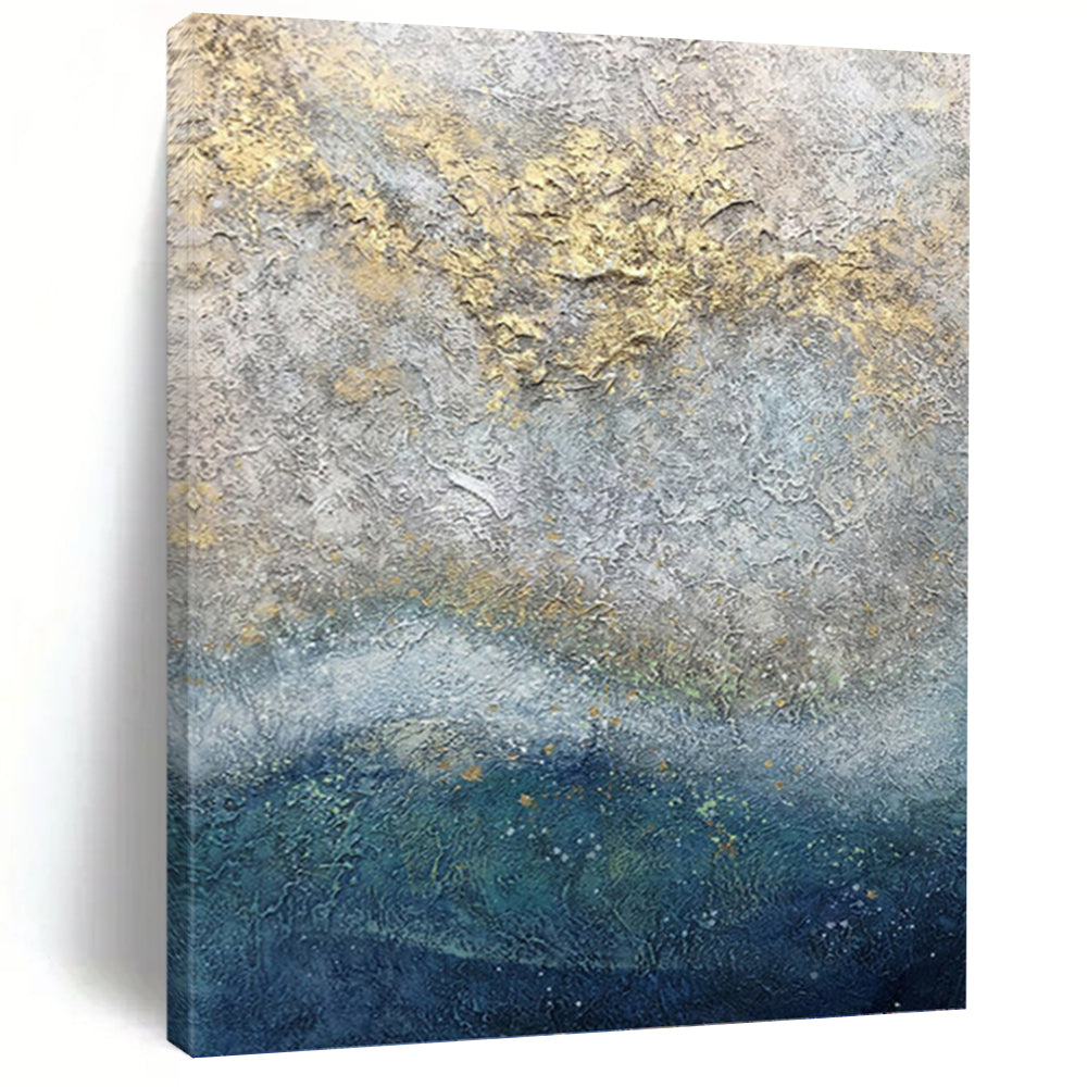 “Textured Gray - Gold Abstraction” - Gray, Gold & Blue Impasto Painting On Canvas DKH0958