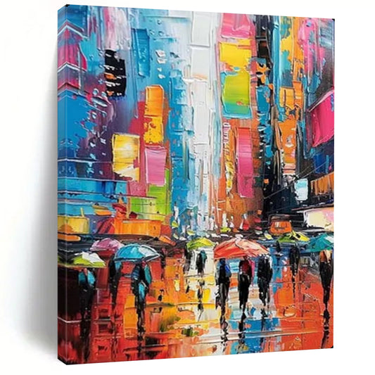 “Colorful Urban Rainy Street” – Impressionistic Cityscape Oil Painting On Canvas CT2141