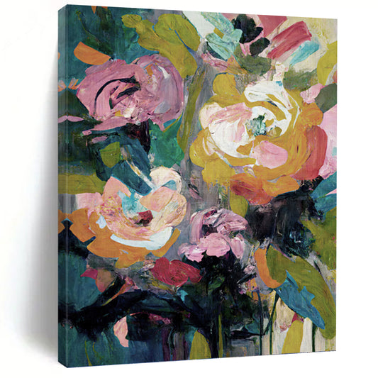Colorful Floral Bouquet in Green Vase - Bold Flower Painting On Canvas DKH1355