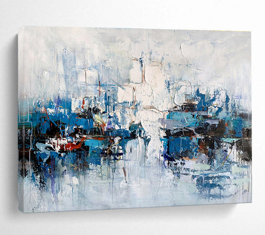 “Blue and White Abstract Harbor” Painting On Canvas DKH162