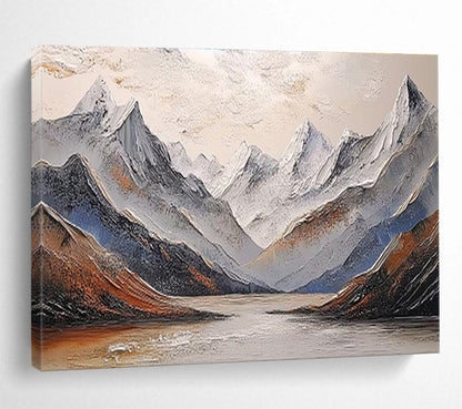 “Textured Snowy Mountain Lake” Impasto Landscape Painting On Canvas DKH456