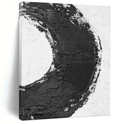 “Bold Black - White Circle” - Minimalist Textured Painting On Canvas DKH1675