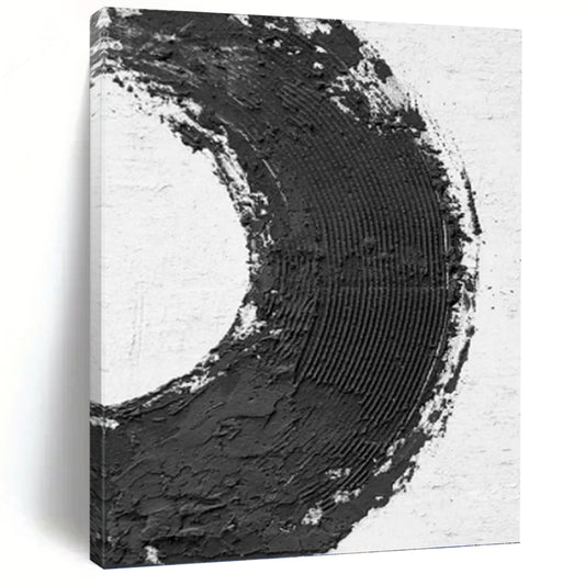 “Bold Black - White Circle” - Minimalist Textured Painting On Canvas DKH1675