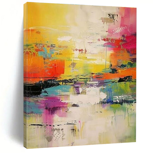 “Fiery Oranges, Pinks, and Cool Reflections” - “Sunset Rhapsody”，Abstract Acrylic Painting CT0699