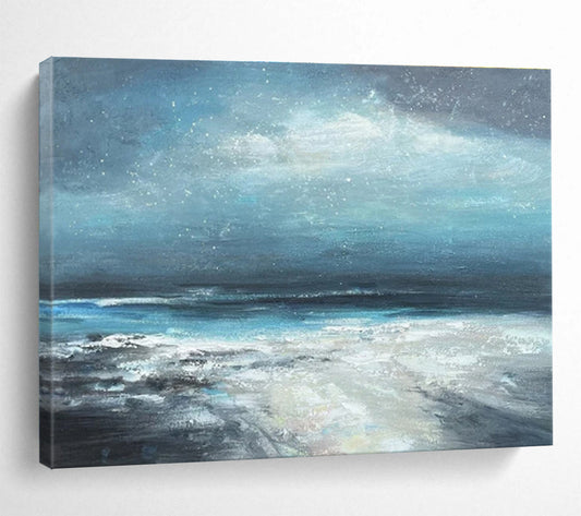 Deep Blue and Gray Starry Seaside “Nocturnal Coastal Serenity” Painting On Canvas DKH111