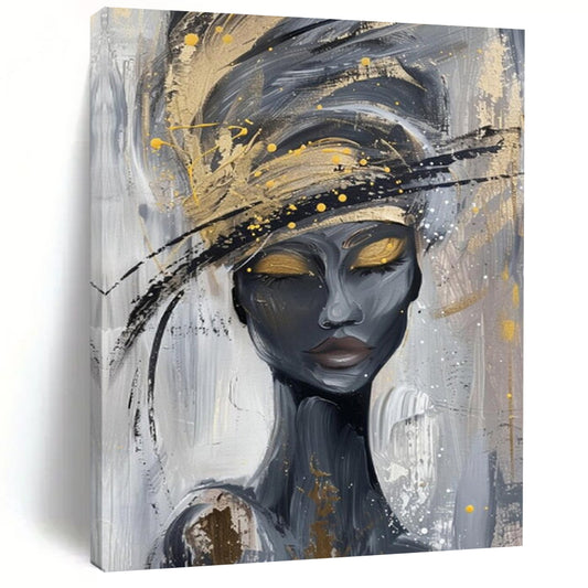 “Elegant Gold - Hatted Lady” - Gray, Black & Gold Abstract Portrait Painting On Canvas CT2197
