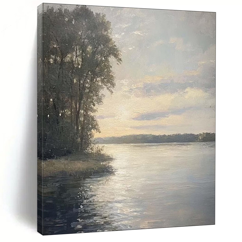 “Sunset Serenity: Lakeside Pines” - Realist Landscape Oil on Canvas CT1875