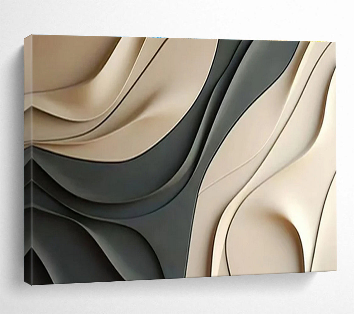 “Curved Beige - Grey 3D Forms” Abstract Sculptural Painting On Canvas DKH523
