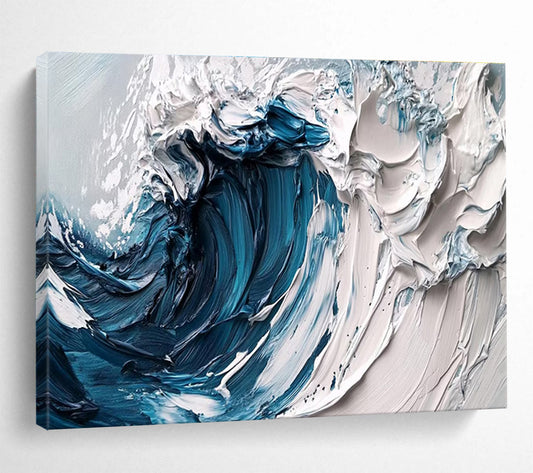 Crashing Wave - Deep Blue & White Impasto Seascape Painting On Canvas DKH873