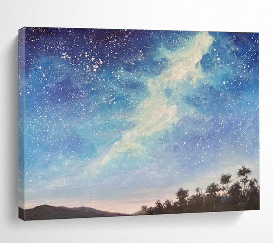 Deep Blue Starry Sky and Silhouetted Trees “Celestial Forest Vistas” Painting On Canvas DKH114