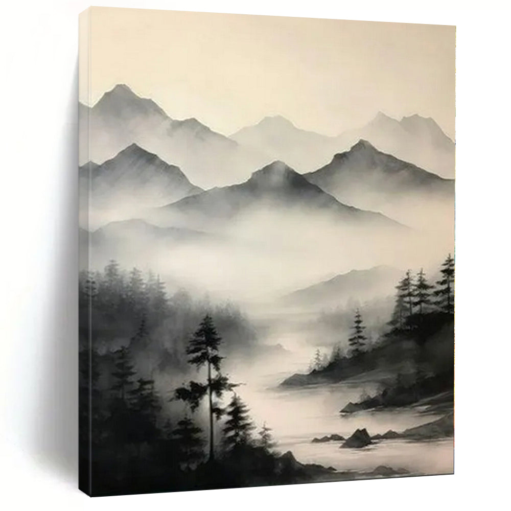 Misty Mountain Silhouettes - Monochromatic Landscape Art CT1212