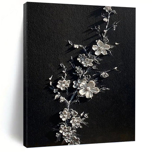 “Silver Blossoms” - Black & Silver 3D Floral Textured Painting On Canvas DKH1543