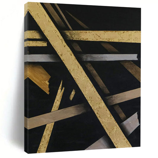“Gilded Geometric Abstract - Gold, Silver, and Black” Painting On Canvas CT2388