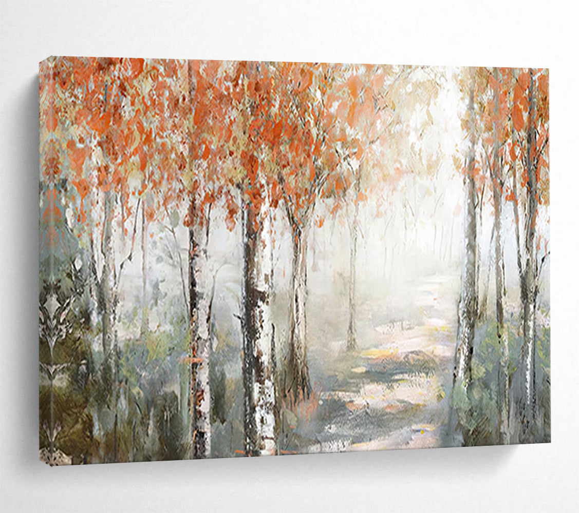 Orange and Gray Autumn Forest Path - Impressionist Landscape Painting On Canvas DLZ222