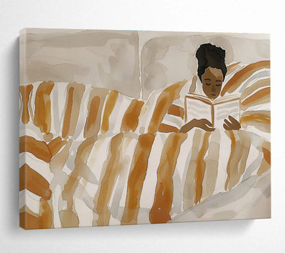 Woman Reading in Striped Bed Cozy Scene Painting On Canvas DKH230