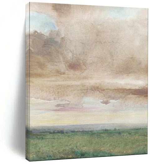 “Muted Sky Over Green Fields” – Watercolor Landscape Painting On Canvas CT2116