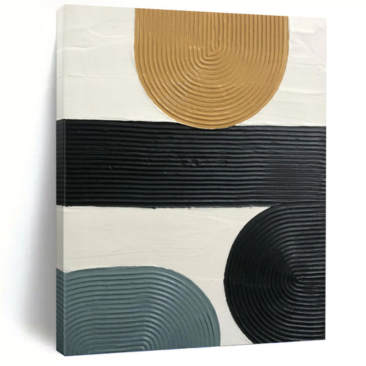 “Neutral Geometric Ribbons” - Black, Tan & Blue Textured Shapes Painting On Canvas DKH1177