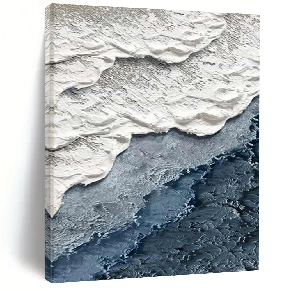 “White, Gray, Blue Textured Shore ‘Coastal Layers’” - Impasto Sea & Sand Painting On Canvas DTP325