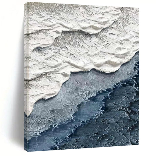 “White, Gray, Blue Textured Shore ‘Coastal Layers’” - Impasto Sea & Sand Painting On Canvas DTP325