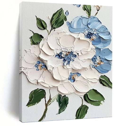 Blue, White and Green Floral 3D Effect - Impasto Flower Painting On Canvas DKH1387