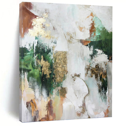 “Multicolor Abstract with Gold” - Green, Gold, Brown & White Eclectic Painting On Canvas DKH1011