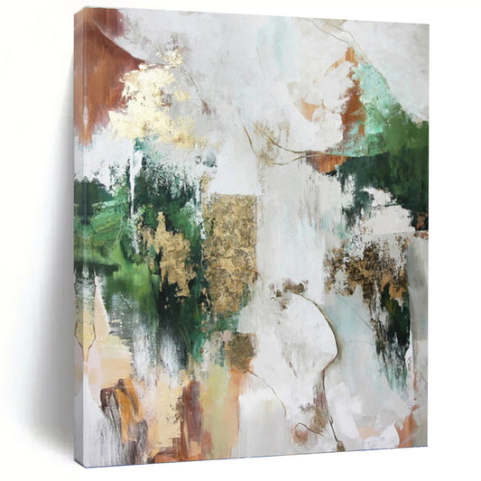 “Multicolor Abstract with Gold” - Green, Gold, Brown & White Eclectic Painting On Canvas DKH1011