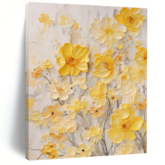 “Yellow Floral Relief” - Yellow, White, Gray Textured Floral Painting On Canvas DTP289