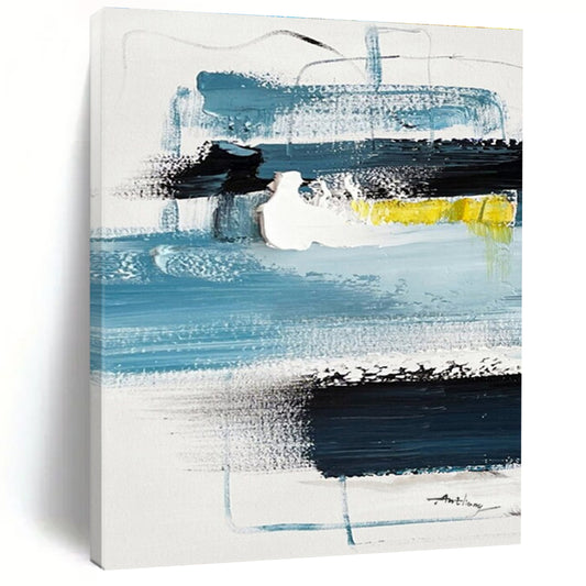 Blue, Black, White & Yellow Abstract Layers, “Coastal Rhythm” - Impasto Abstract Painting CT0778