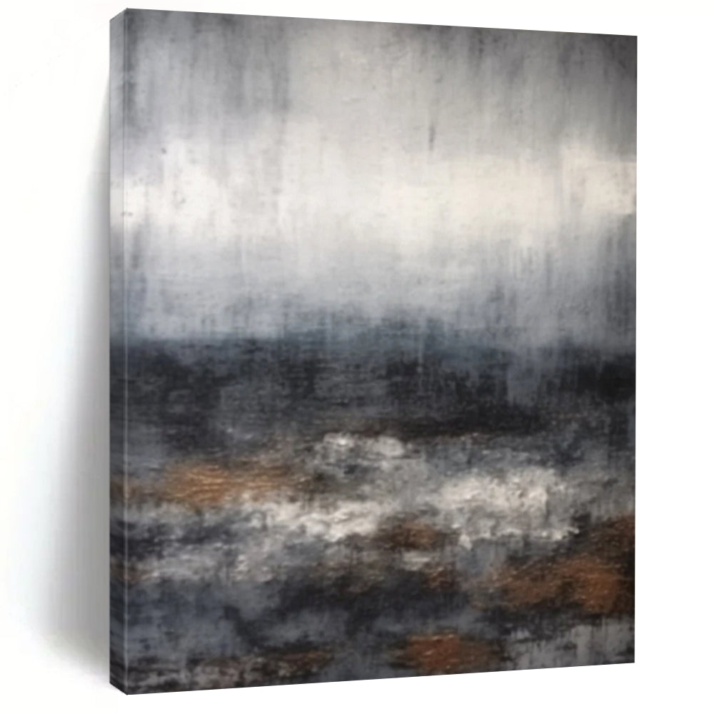 “Gray, Brown, White Abstract Seascape ‘Stormy Serenity’” - Impasto Seascape Painting On Canvas DTP368